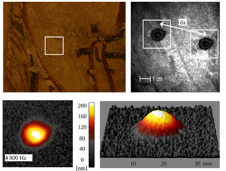 Rys. 2. Badanie odspojenia na powierzchni przy pomocy „shearing interferometry” przy wzbudzeniu dźwiękowym, św. Anna, malowidło z katedry w Faras, Sudan, IX wiek, Muzeum Narodowe w Warszawie, a) obiekt, b) prążki interferencyjne (podwójny obraz wynika ze specyfiku układu pomiarowego) c) i d) amplituda pola odkształceń. 