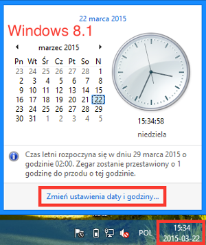 Ustawienie czasu systemowego - Windows 8.1