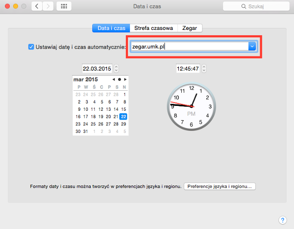 Ustawienia synchronizacji czasu - Mac OSX 10.10 Yosemite